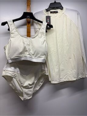 3 piece Women’s Cream Swim Set – Top, High-Waist Bottom & long sleeves shirt 2XL
